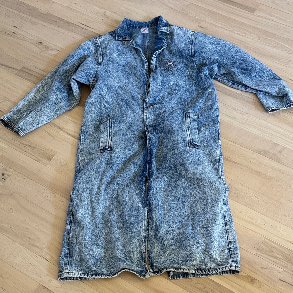 Vintage-80s-Acid Wash Denim Jean Duster Jacket-Teddy Bear Graphics-Read-Rare